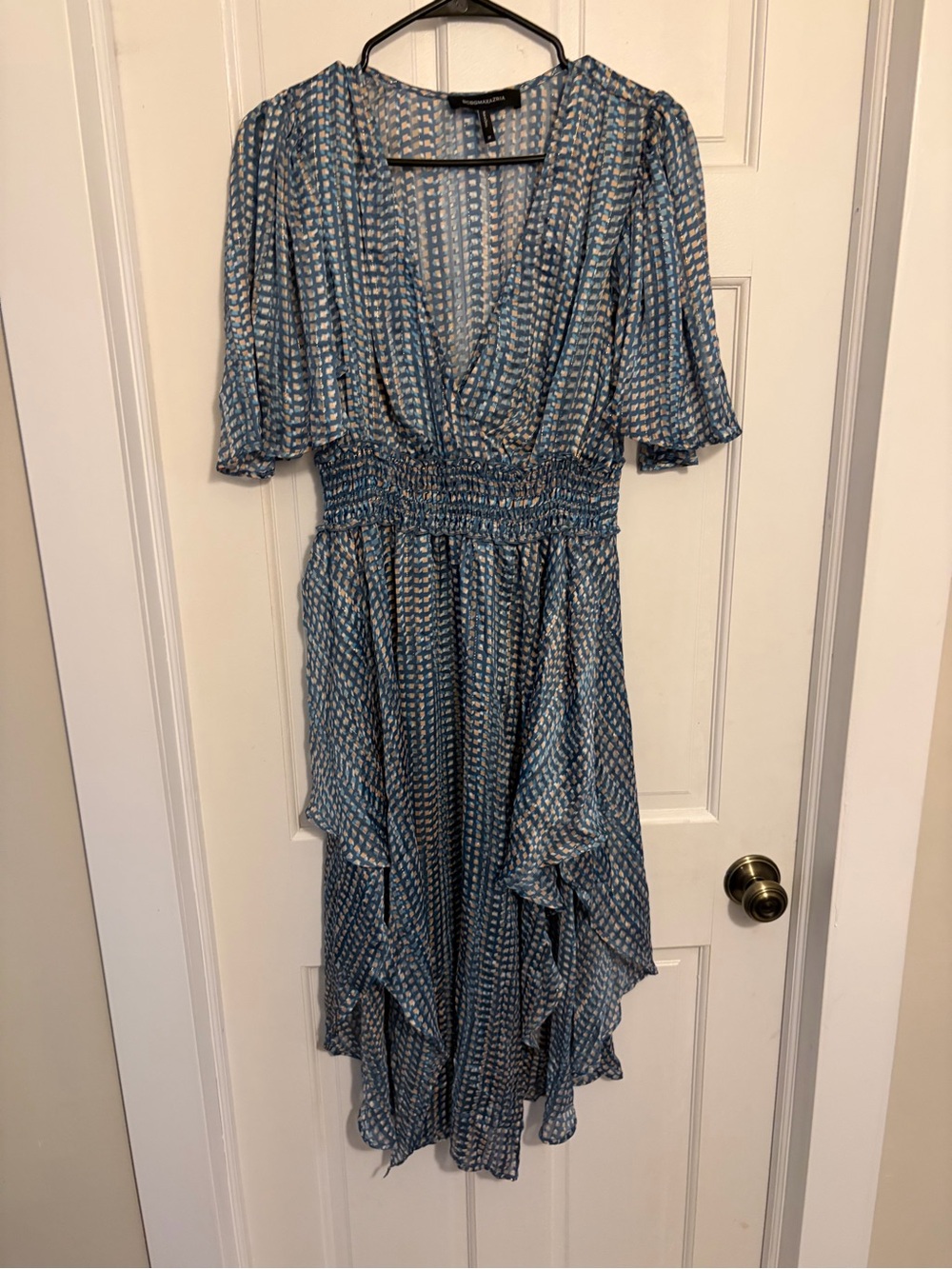 BCBGMaxAzria Blue Patterned High-Low Ruffle Midi Dress